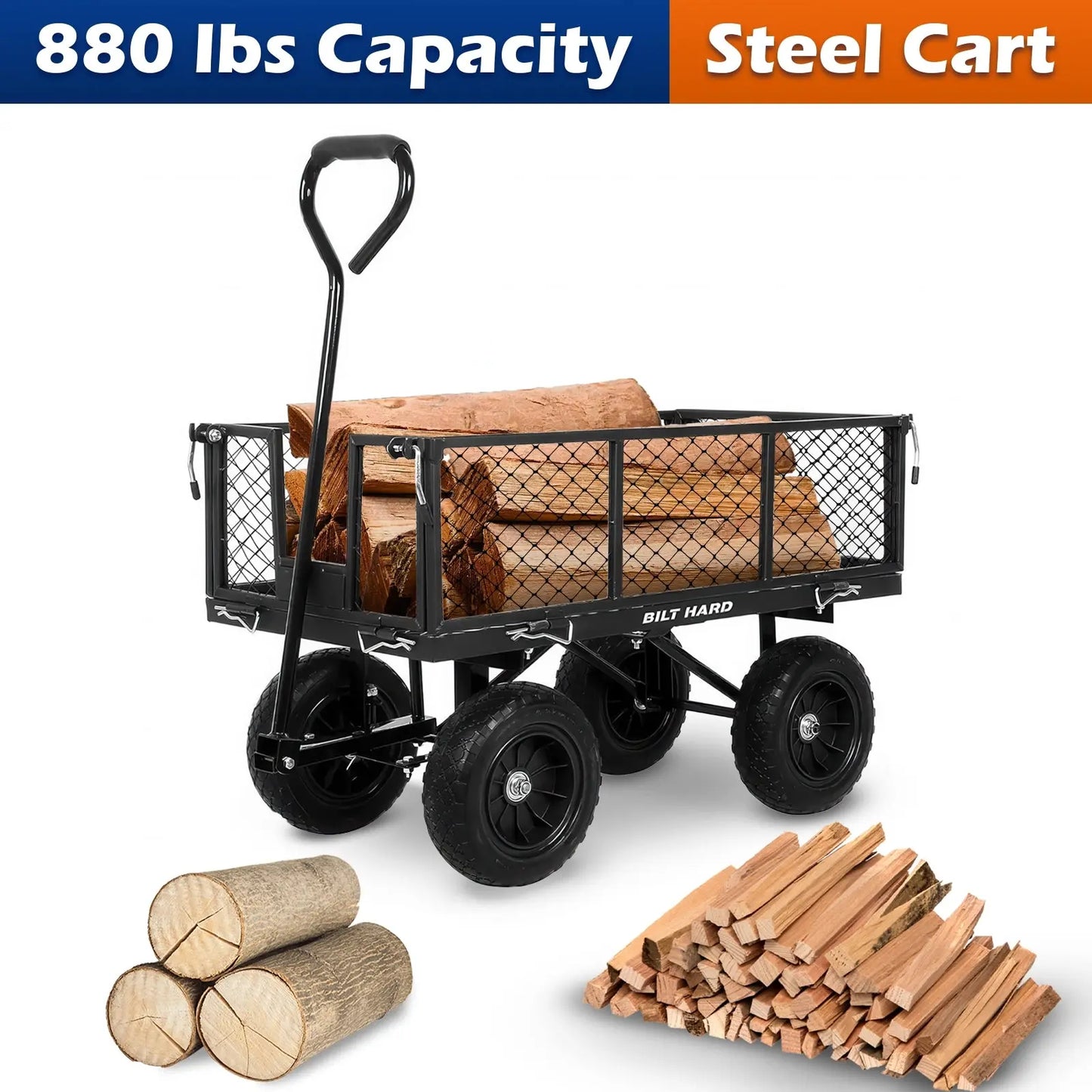 BILT HARD 880lbs Steel Garden Cart, Heavy Duty 4 CuFt Wagon with 10In Flat Free Tires, 180 Degree Rotating Handle & Removable Sides