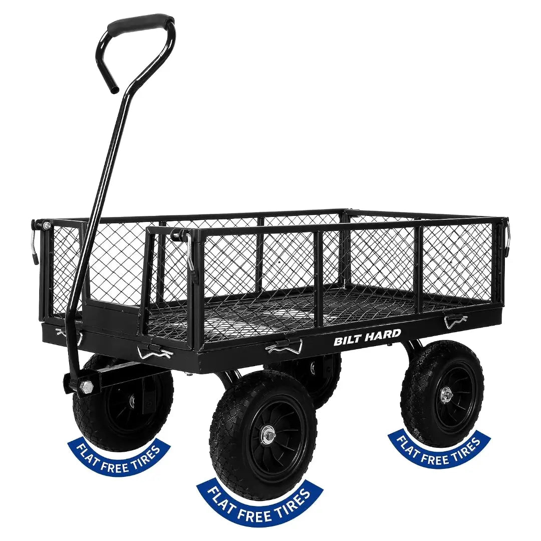 BILT HARD 880lbs Steel Garden Cart, Heavy Duty 4 CuFt Wagon with 10In Flat Free Tires, 180 Degree Rotating Handle & Removable Sides