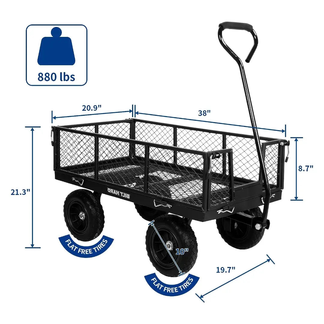 BILT HARD 880lbs Steel Garden Cart, Heavy Duty 4 CuFt Wagon with 10In Flat Free Tires, 180 Degree Rotating Handle & Removable Sides