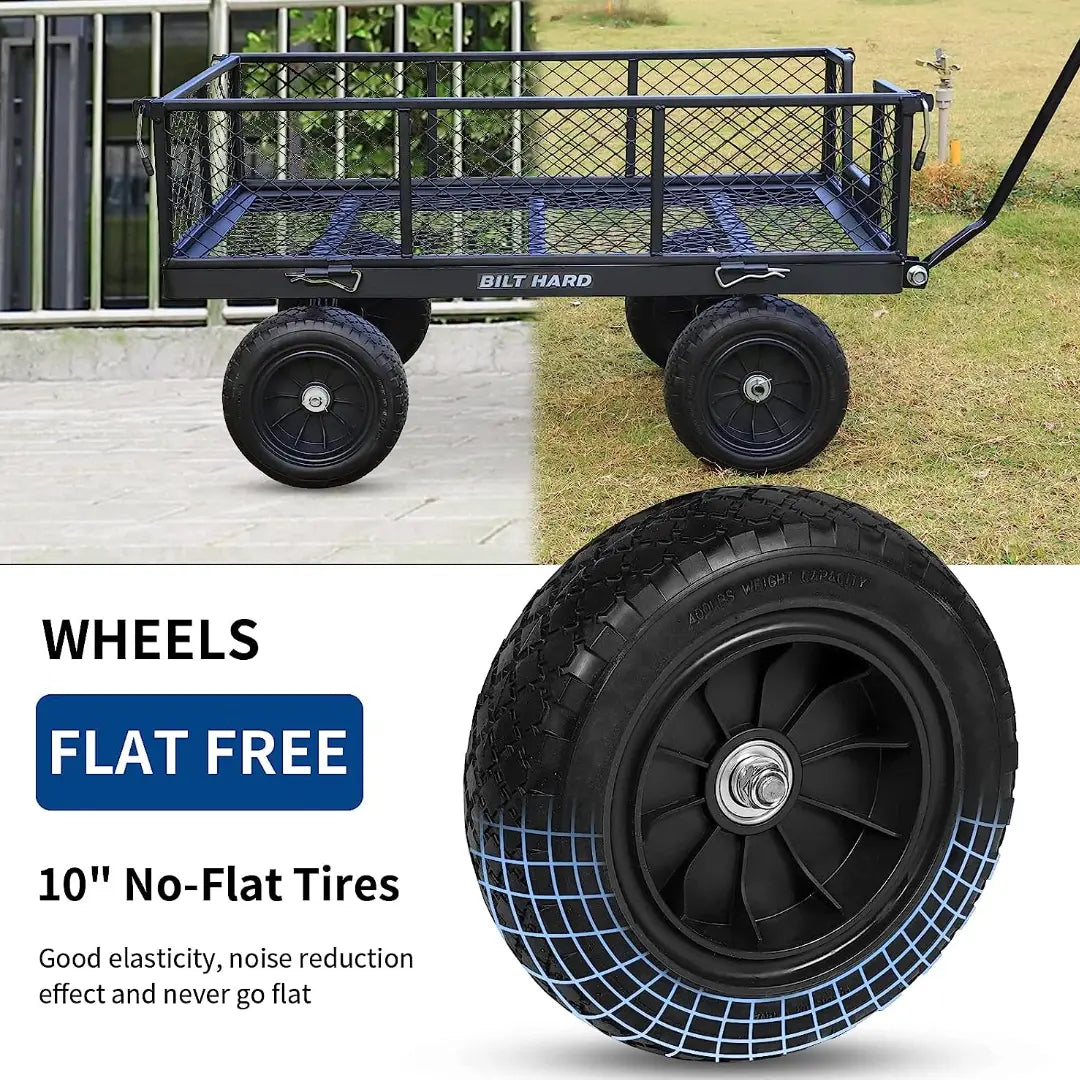 BILT HARD 880lbs Steel Garden Cart, Heavy Duty 4 CuFt Wagon with 10In Flat Free Tires, 180 Degree Rotating Handle & Removable Sides