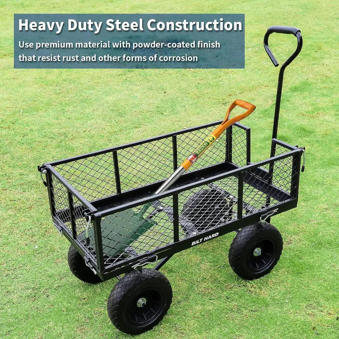 BILT HARD 880lbs Steel Garden Cart, Heavy Duty 4 CuFt Wagon with 10In Flat Free Tires, 180 Degree Rotating Handle & Removable Sides