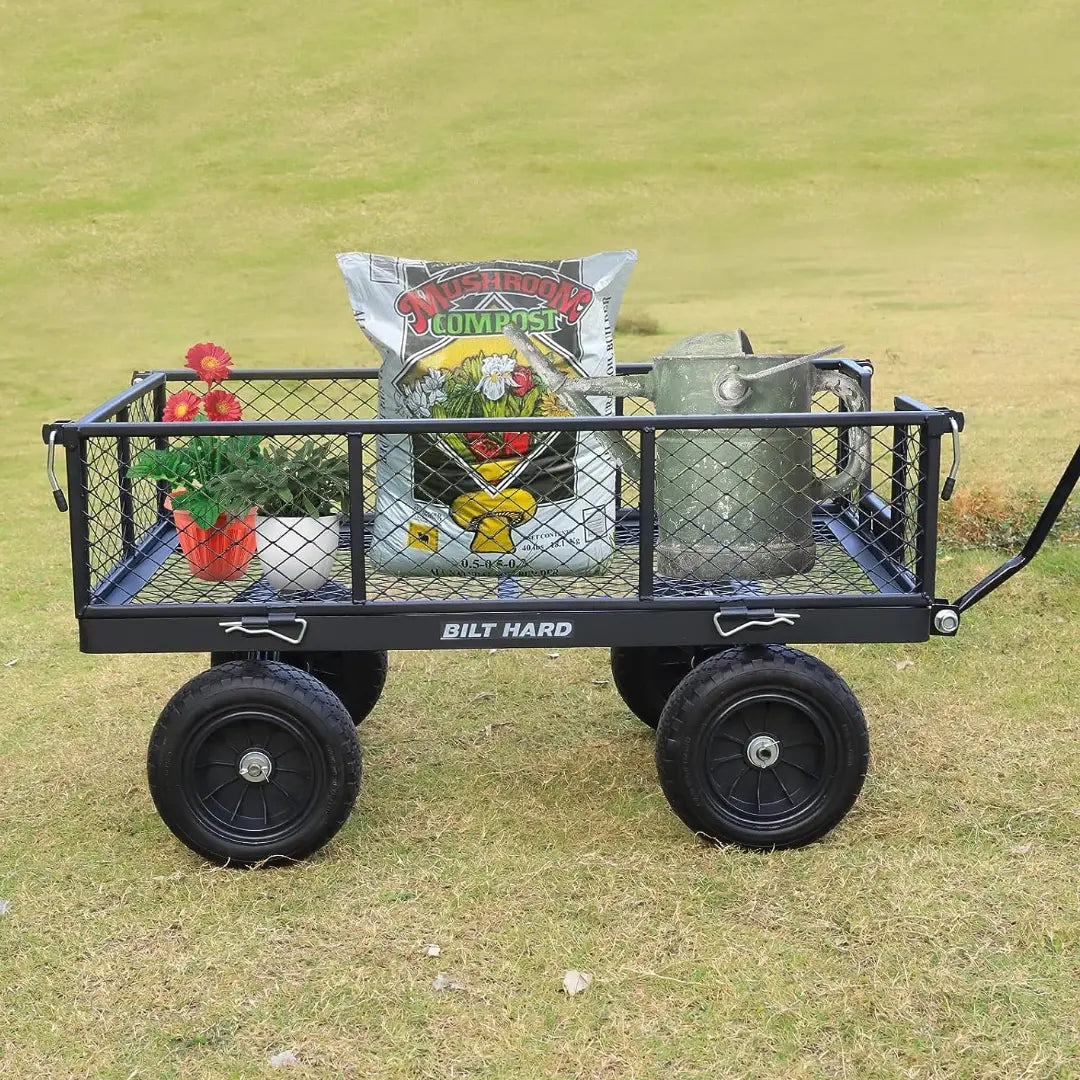 BILT HARD 880lbs Steel Garden Cart, Heavy Duty 4 CuFt Wagon with 10In Flat Free Tires, 180 Degree Rotating Handle & Removable Sides