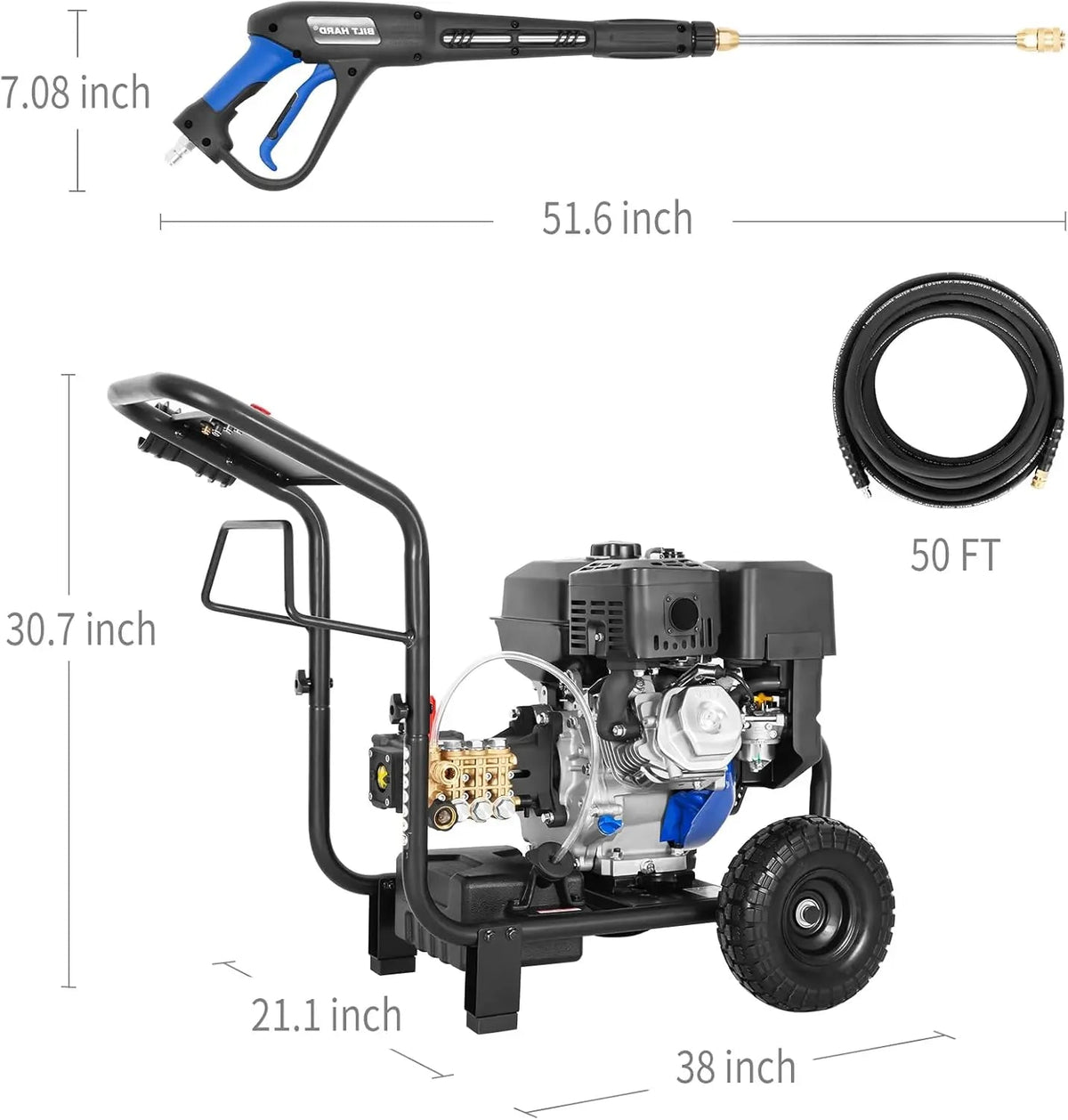 BILT HARD 4000 PSI 4.0 GPM GAS Pressure Washer, 302cc Engine, Gas Power Washer with Triplex Pump, Spray Gun and Wand, Built-In Soap Tank, 5 QC Nozzle Tips, 50 Ft Hose with 3/8" Quick Connect, 49-State