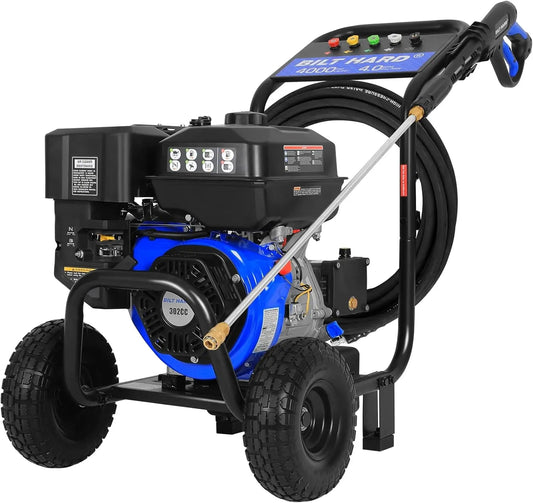 BILT HARD 4000 PSI 4.0 GPM GAS Pressure Washer, 302cc Engine, Gas Power Washer with Triplex Pump, Spray Gun and Wand, Built-In Soap Tank, 5 QC Nozzle Tips, 50 Ft Hose with 3/8" Quick Connect, 49-State