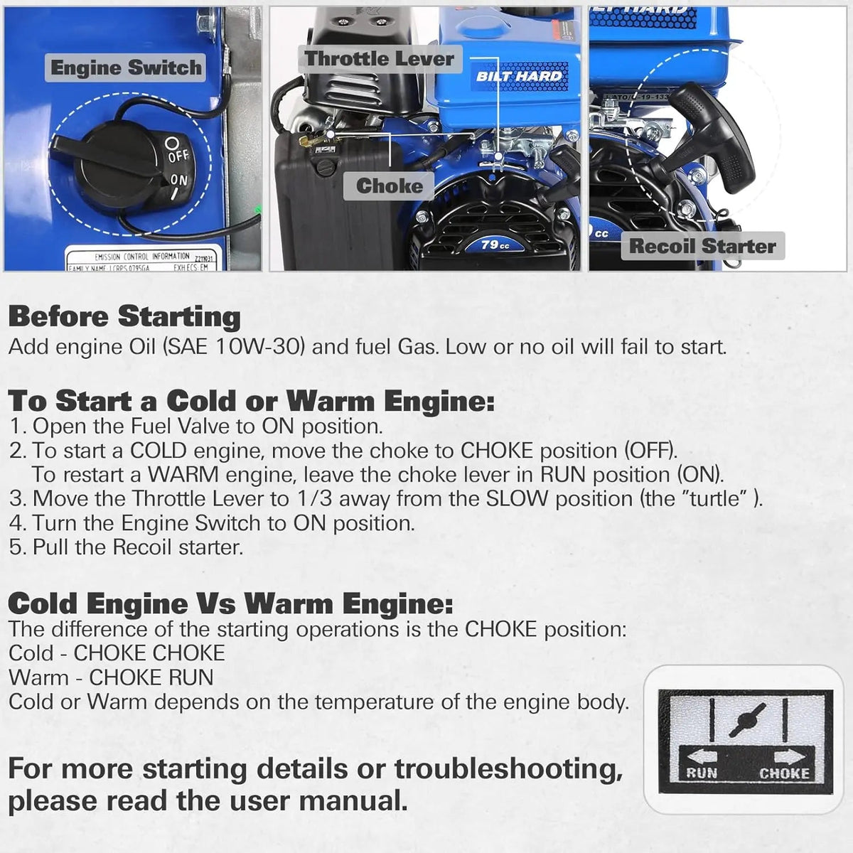 79cc 2 HP Gas Engine, Gas Motor EPA & CARB Certified, 4 Stroke OHV Horizontal Shaft with Recoil Start