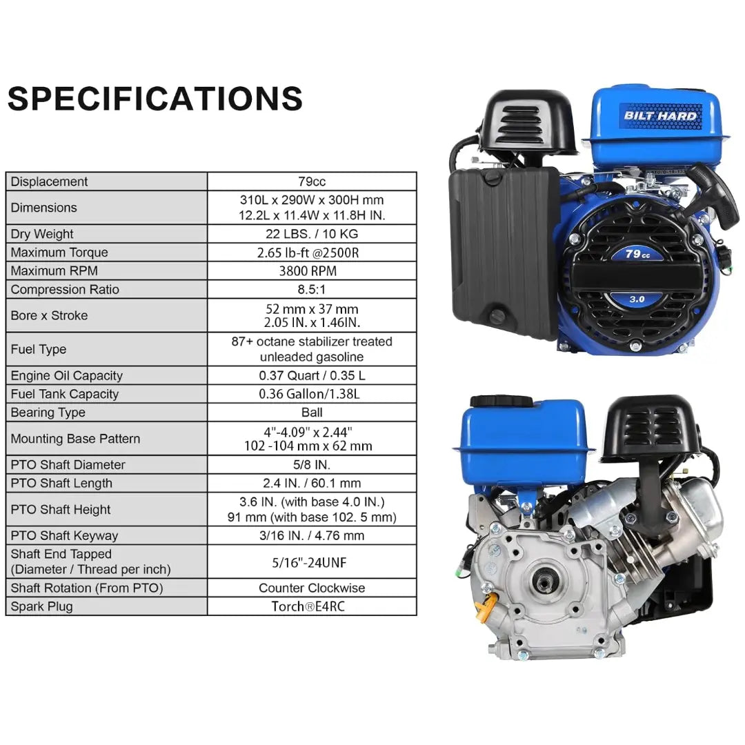 79cc 2 HP Gas Engine, Gas Motor EPA & CARB Certified, 4 Stroke OHV Horizontal Shaft with Recoil Start