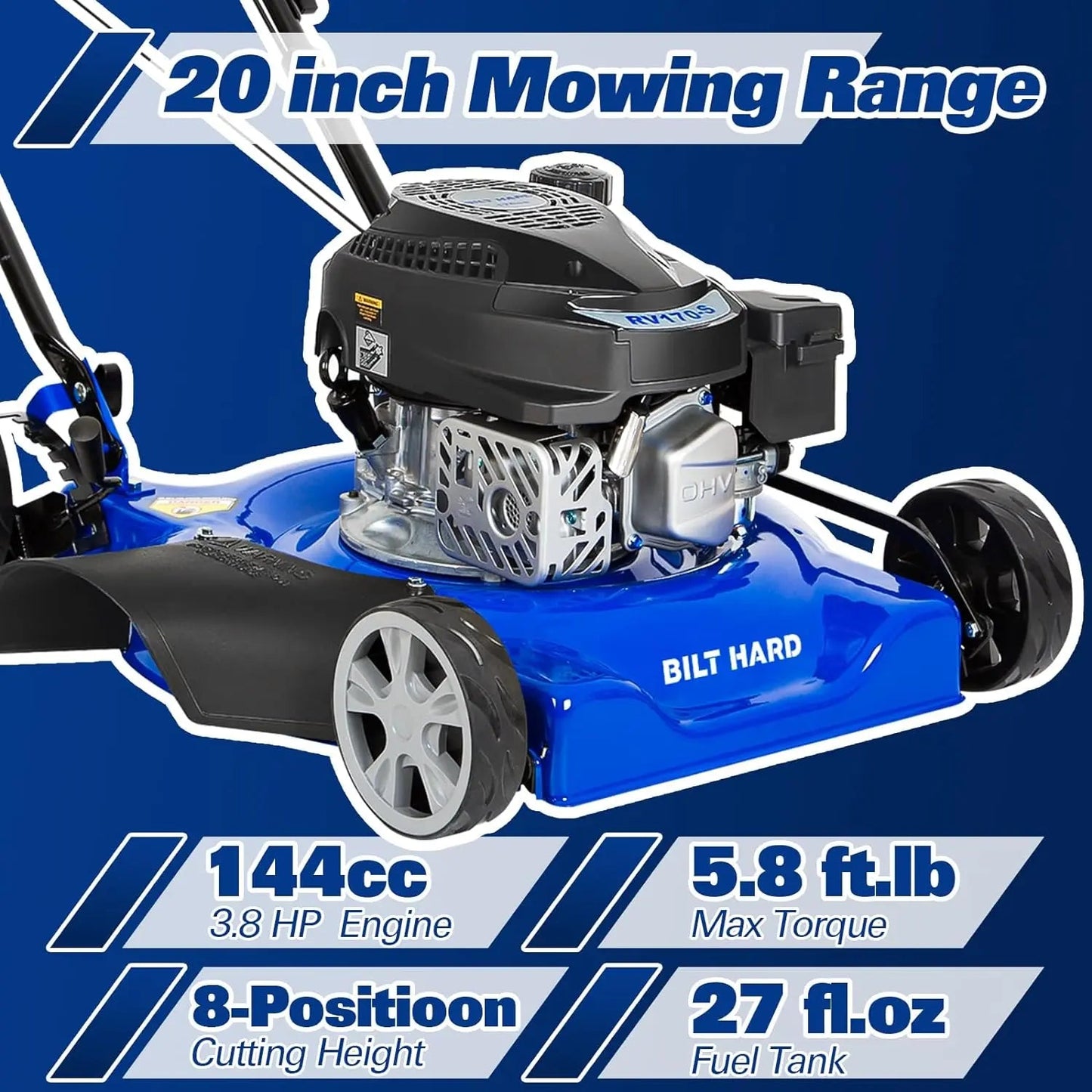BILT HARD 20" Gas Push Lawn Mower – 144cc 4-Cycle Engine, 8 Cutting Heights, Perfect for Lawns, Yards & Gardens