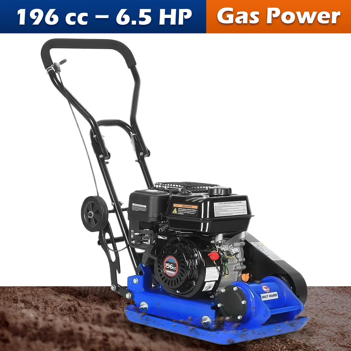 BILT HARD 2500 lbs Plate Compactor – 6.5HP Loncin Gas Engine, 10" Compaction Depth, 5500 VPM, EPA Compliant