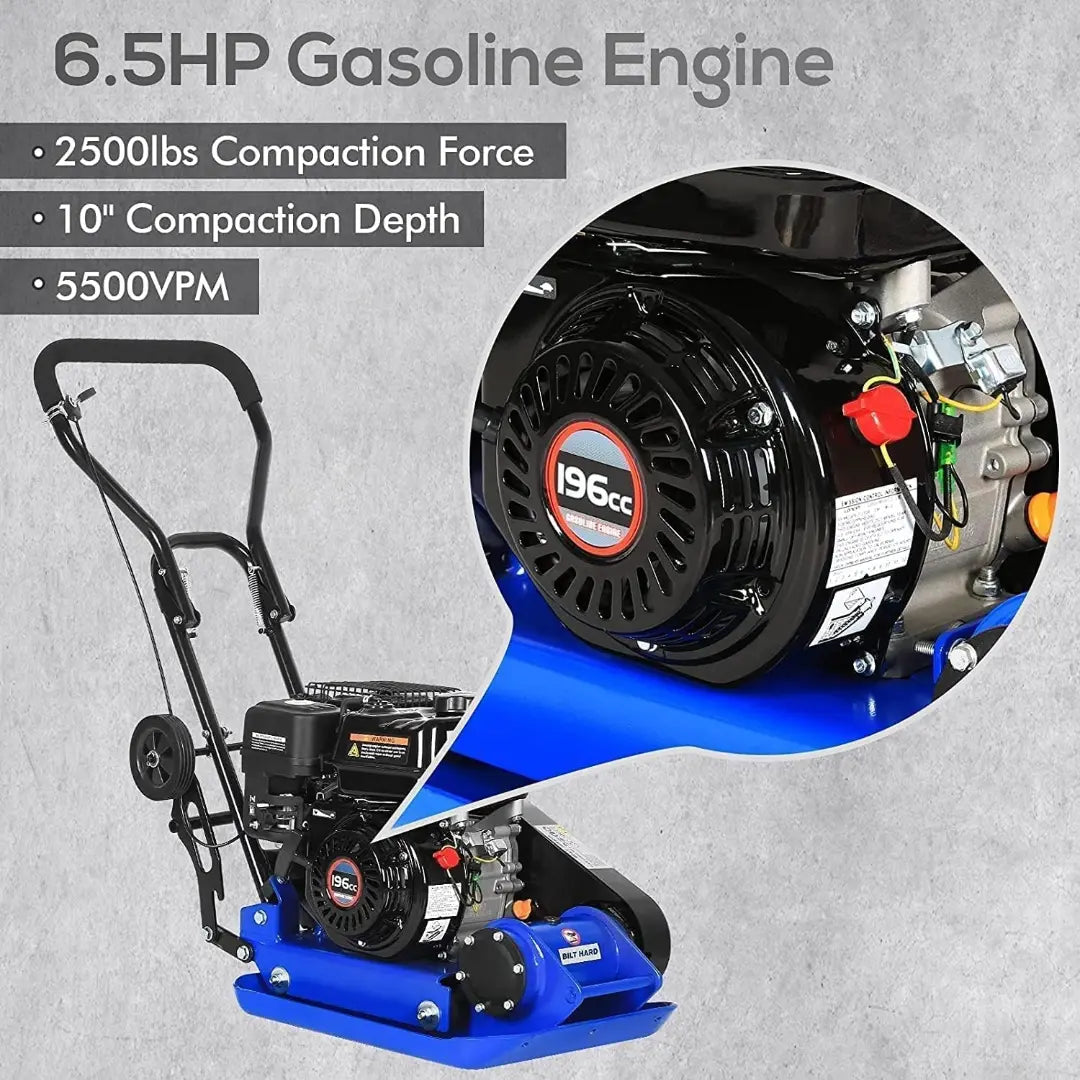 BILT HARD 2500 lbs Plate Compactor – 6.5HP Loncin Gas Engine, 10" Compaction Depth, 5500 VPM, EPA Compliant