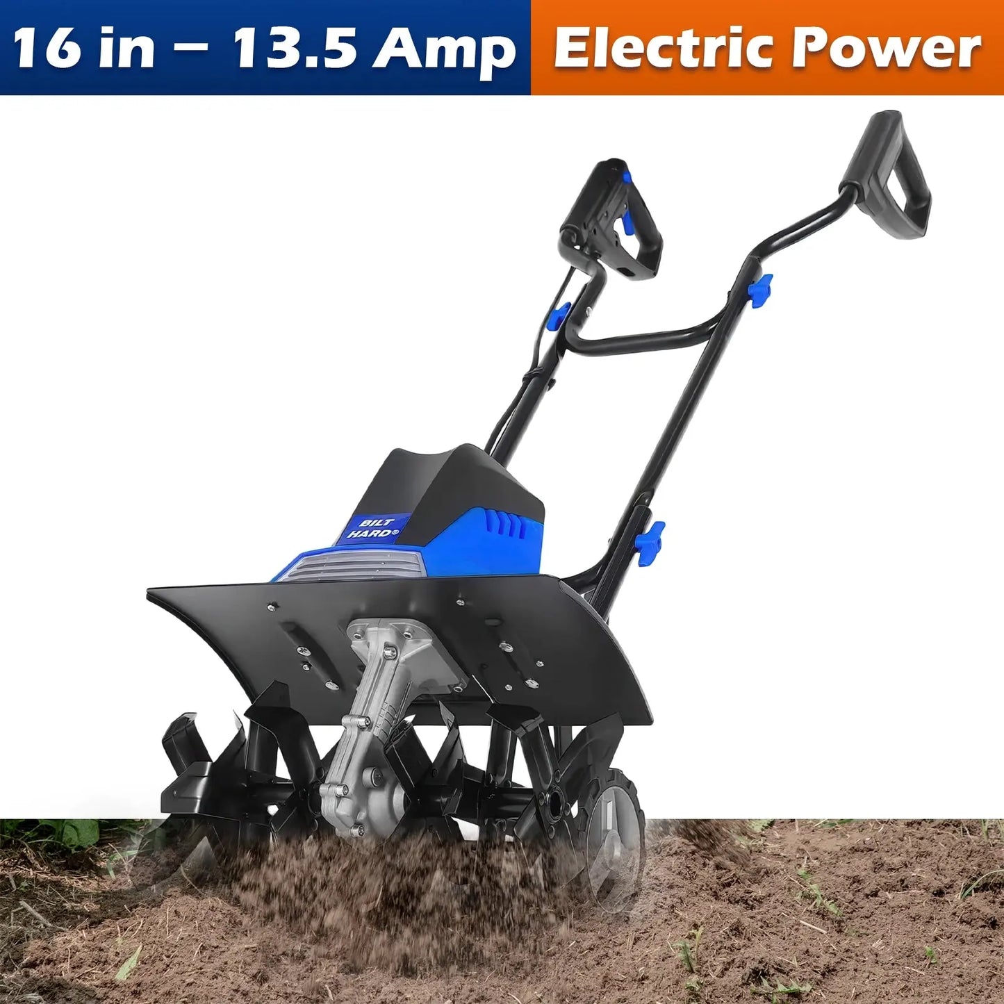 BILT HARD 16" Electric Tiller Cultivator – 13.5 Amp Motor, 6 Steel Tines, Foldable Garden Rototiller with Adjustable Wheels