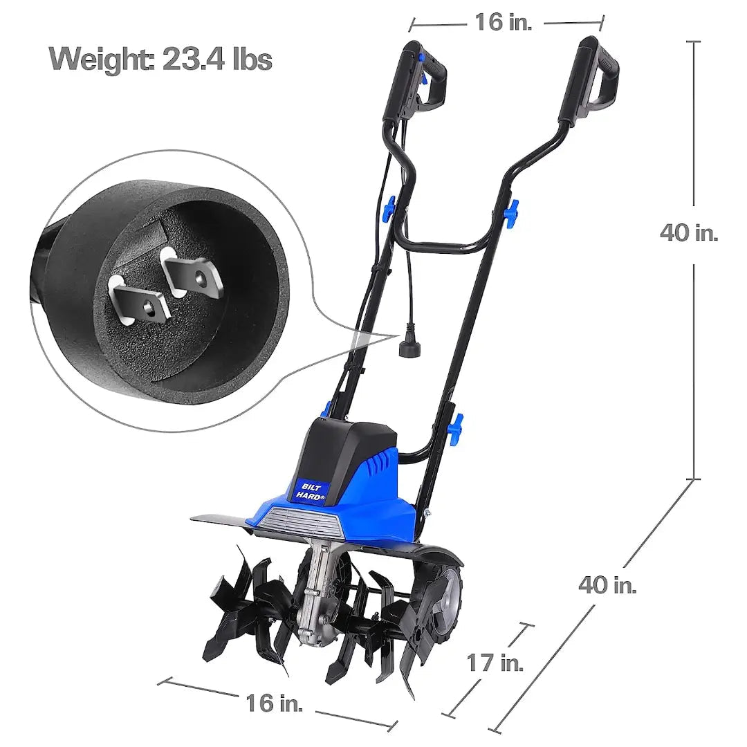 BILT HARD 16" Electric Tiller Cultivator – 13.5 Amp Motor, 6 Steel Tines, Foldable Garden Rototiller with Adjustable Wheels
