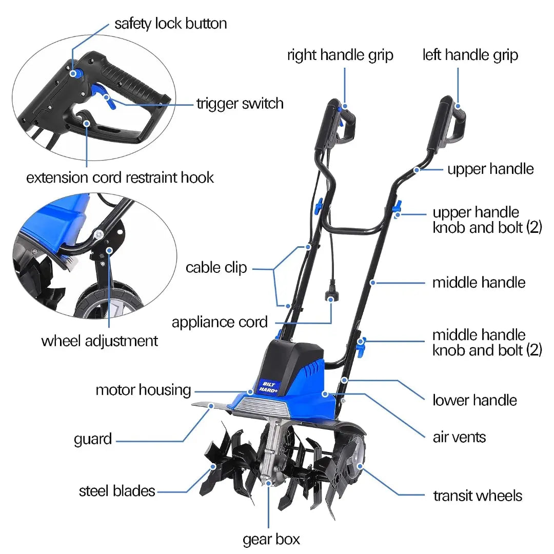 BILT HARD 16" Electric Tiller Cultivator – 13.5 Amp Motor, 6 Steel Tines, Foldable Garden Rototiller with Adjustable Wheels