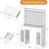 Pamapic Tempered Glass Top Vanity Desk with Lighted Mirror, 2 Transparent Cabinets & 3 Drawers