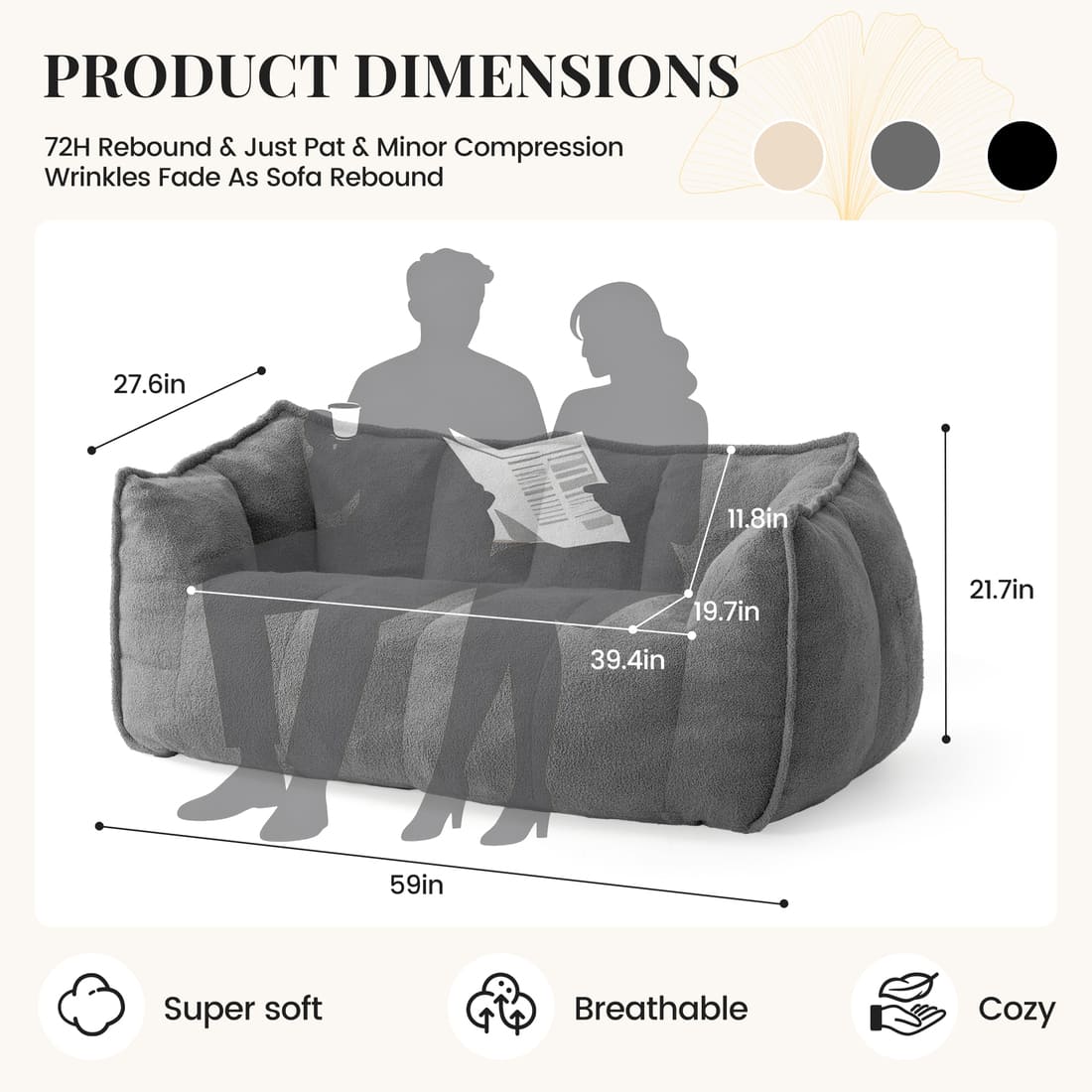 Pamapic 2-Seat Big Teddy Fabric Bean Bag Couch for Dorm Room & Bedroom