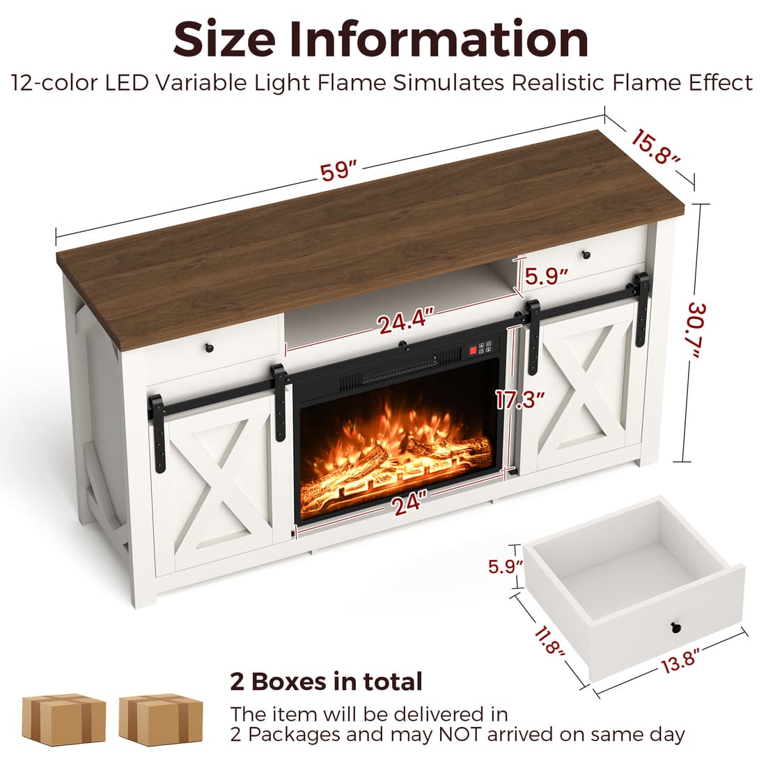 Pamapic 3-Sided Electric Fireplace TV Stand, Farmhouse Entertainment Center with 36" LED Fireplace & Glass Doors for Living Room