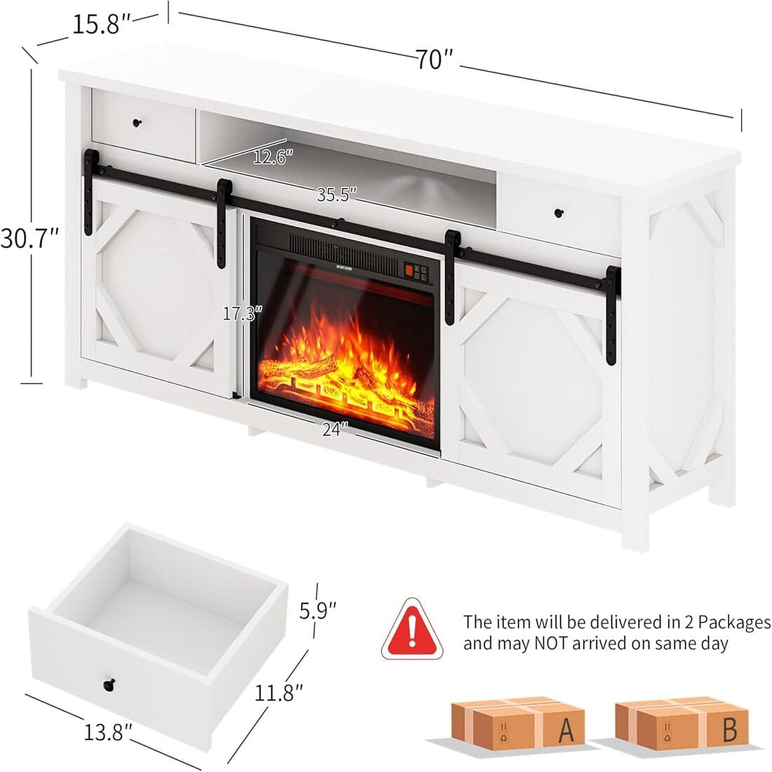 Pamapic 3-Sided Electric Fireplace TV Stand, Farmhouse Entertainment Center with 36" LED Fireplace & Glass Doors for Living Room