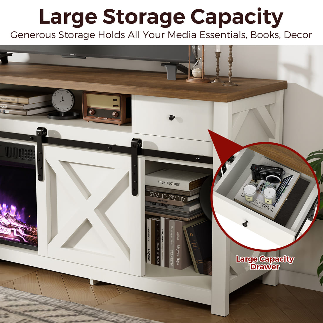 Pamapic 3-Sided Electric Fireplace TV Stand, Farmhouse Entertainment Center with 36" LED Fireplace & Glass Doors for Living Room