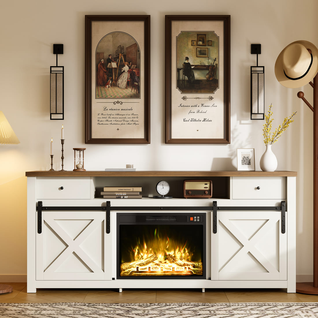 Pamapic 3-Sided Electric Fireplace TV Stand, Farmhouse Entertainment Center with 36" LED Fireplace & Glass Doors for Living Room