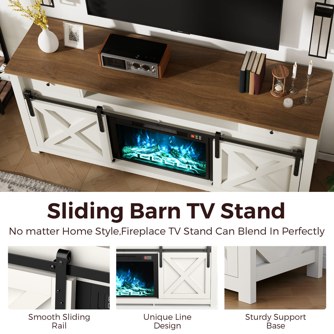 Pamapic 3-Sided Electric Fireplace TV Stand, Farmhouse Entertainment Center with 36" LED Fireplace & Glass Doors for Living Room