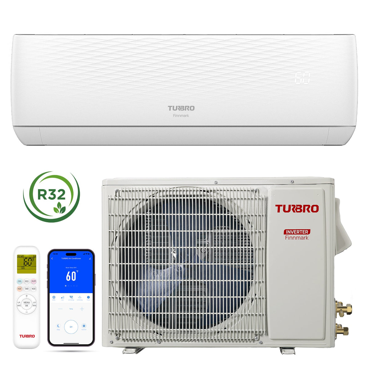 Finnmark 12,000 BTU WiFi Ductless Mini Split AC with Heat Pump, 115V/230V (R32)