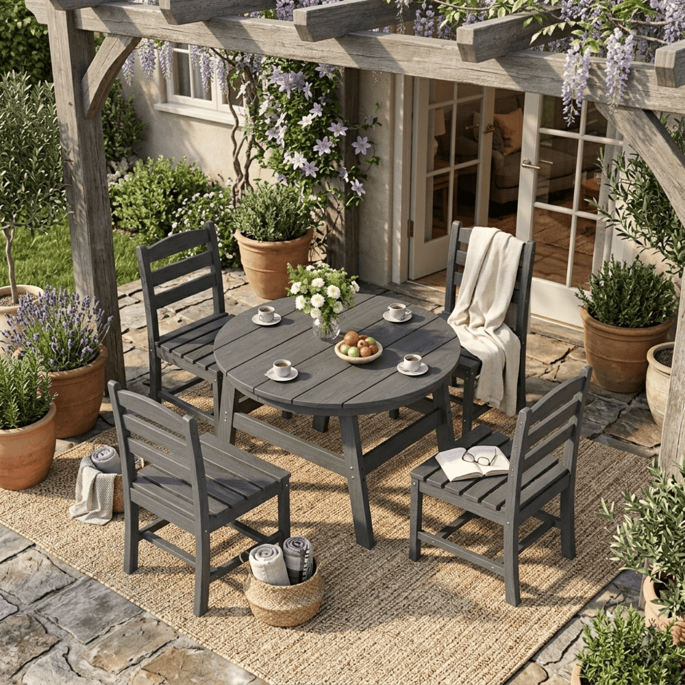 Pamapic HDPE Outdoor Dining Table and Chairs with Umbrella Hole