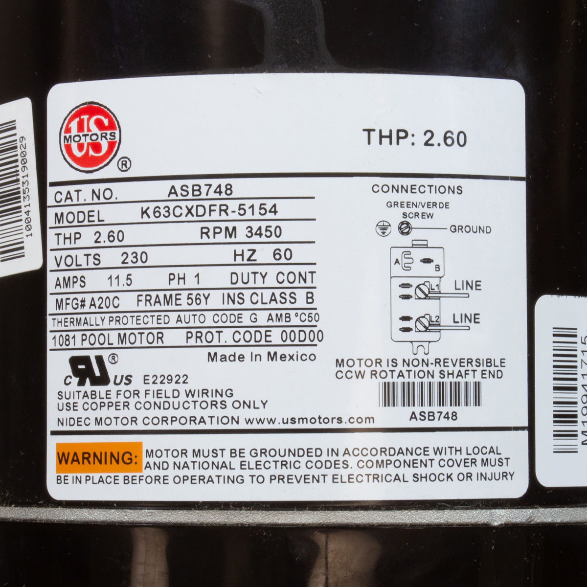 US Motors ASB748 2.0HP 230V 56Y Square Flange Pool Pump Motor