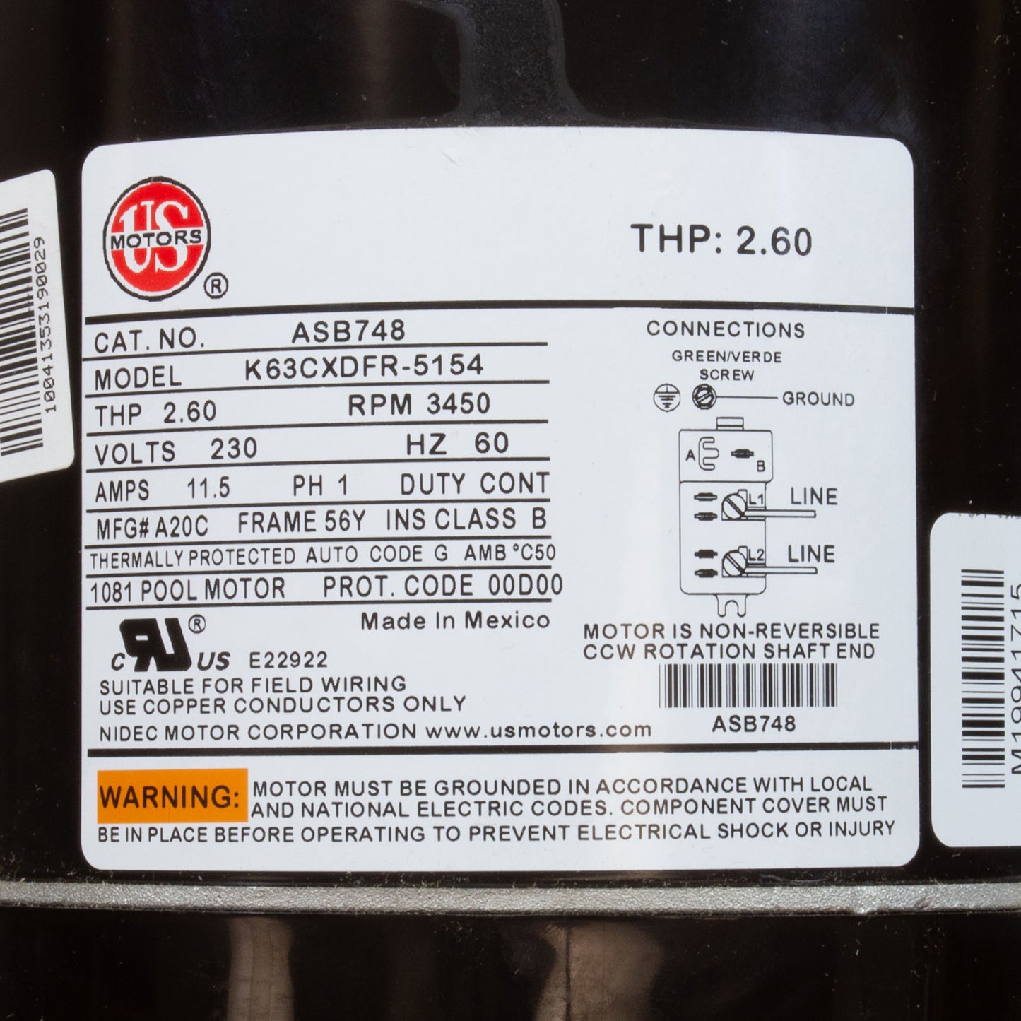 US Motors ASB748 2.0HP 230V 56Y Square Flange Pool Pump Motor