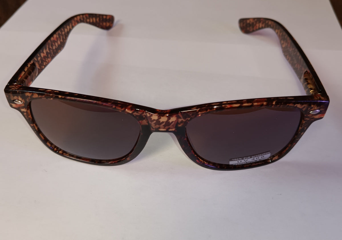 Brown Blues Brother Style Sunglasses with Houndstooth Design and Dark Lenses