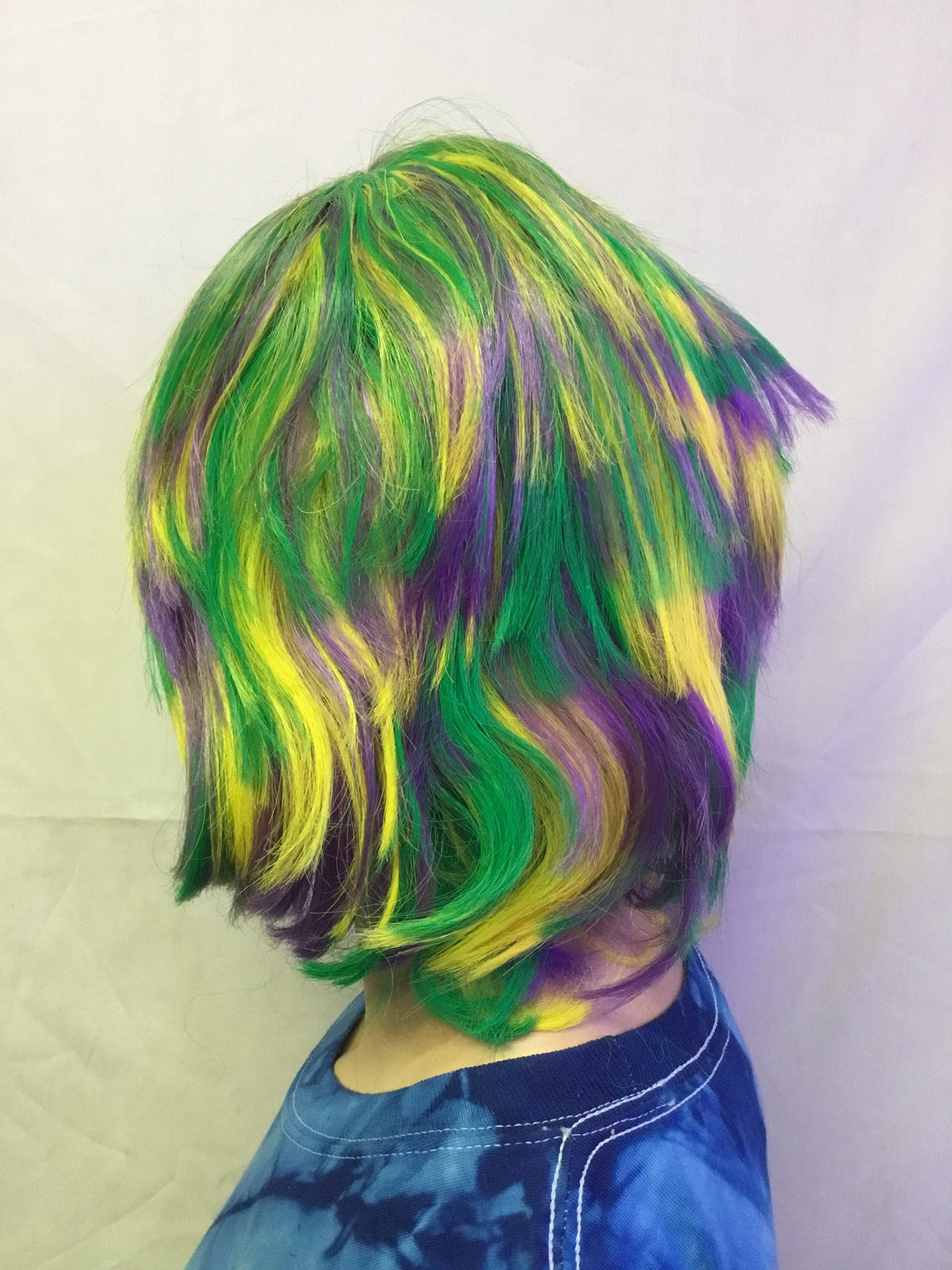 Mardi Gras Choppy Yellow Green Purple Layered Fat Tuesday Party Wig