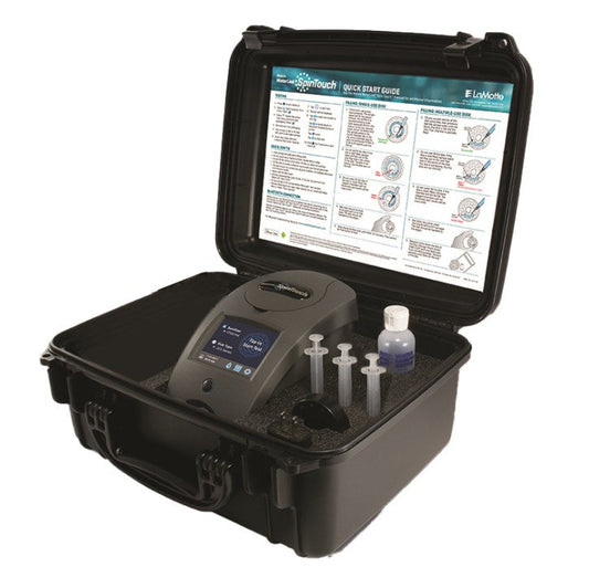 Portable laboratory system with digital display and sample containers on a white background