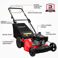 21" 170cc Gas Self-propelled 3-in -1 Lawn Mower w/ 10-Inch Rear Wheels MB8602S