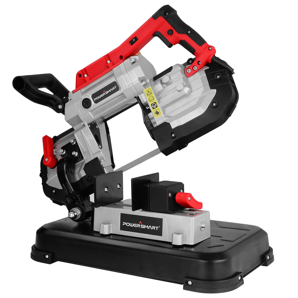 Bandsaw with red and black accents on a white background
