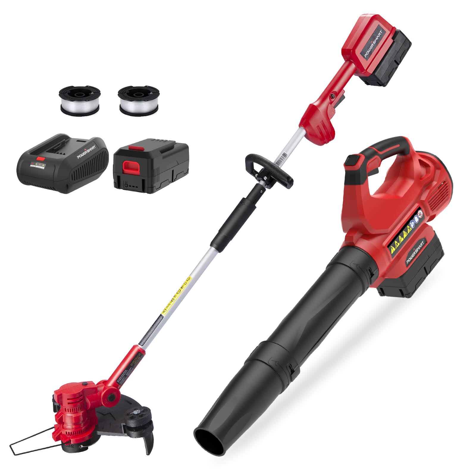 Red and black cordless garden tool set with attachments on a white background