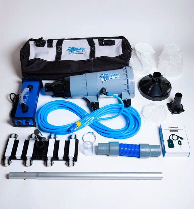 The Pro Bundle with VacDaddy 2.0, V2W® (Vacuum to Waste) Kit, Shallow Water Adapter, 28" Aluminum Adapter Pole, Carry Bag, Gunite Vac Head (with Rigid Handle), and Remote On/Off Switch
