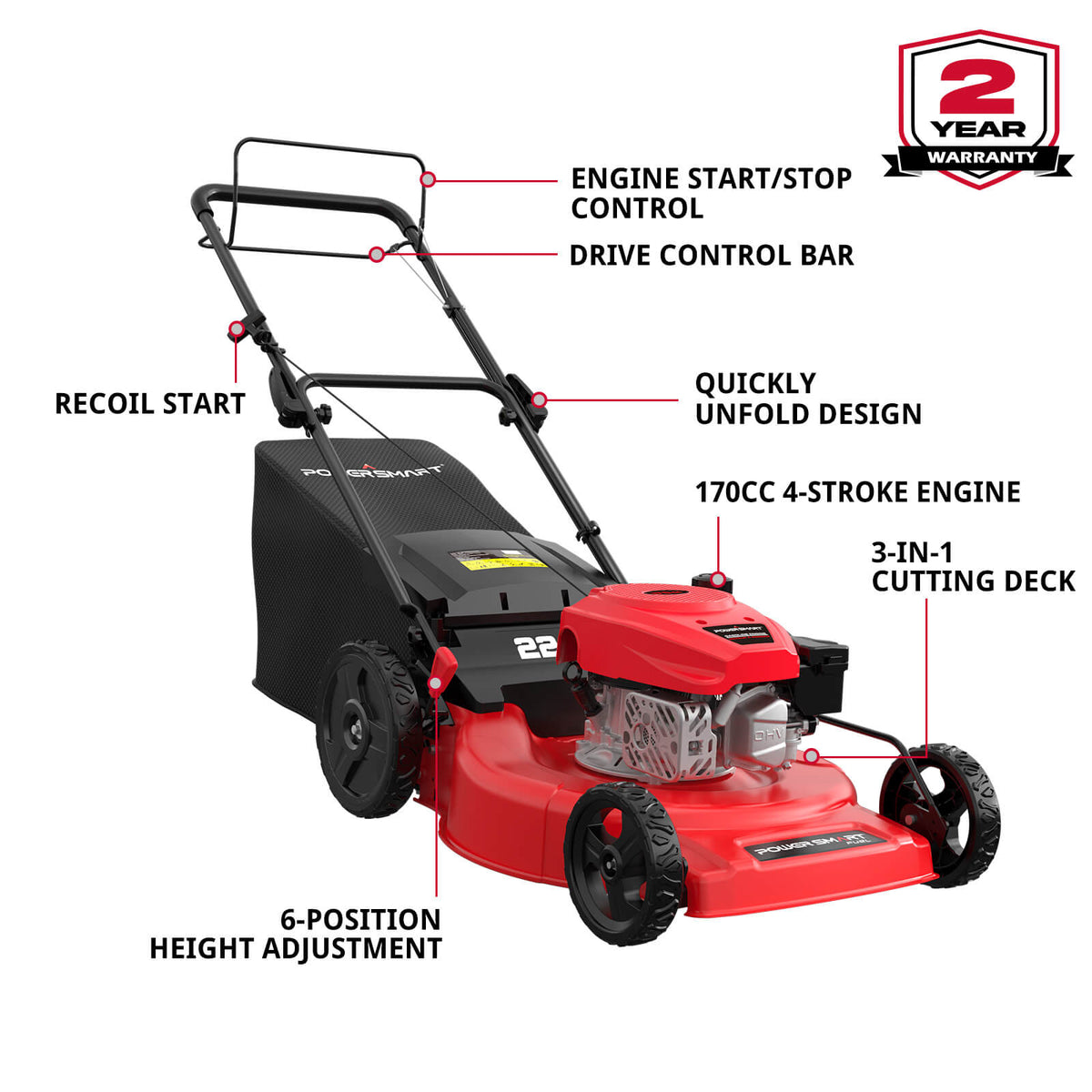 22" 170cc Gas Self-Propelled 3-in-1 Lawn Mower V8622S1