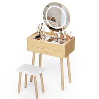 Small Glass-Top Makeup Vanity Desk with Round LED Mirror and Stool