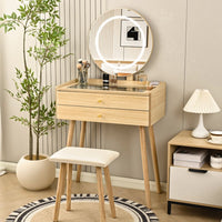 Small Glass-Top Makeup Vanity Desk with Round LED Mirror and Stool