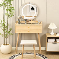 Small Glass-Top Makeup Vanity Desk with Round LED Mirror and Stool