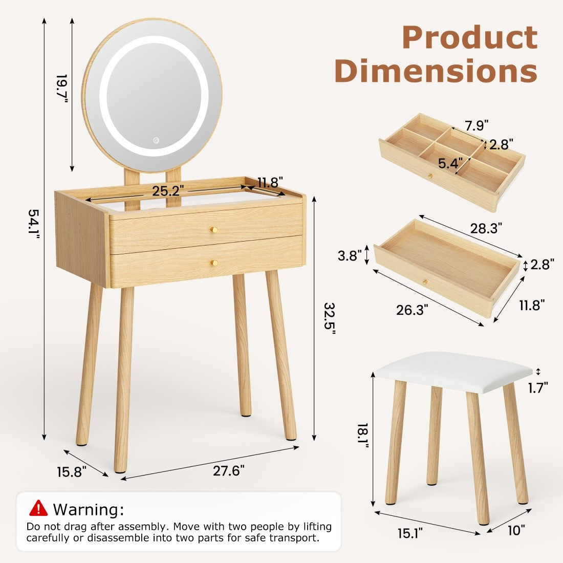 Small Glass-Top Makeup Vanity Desk with Round LED Mirror and Stool