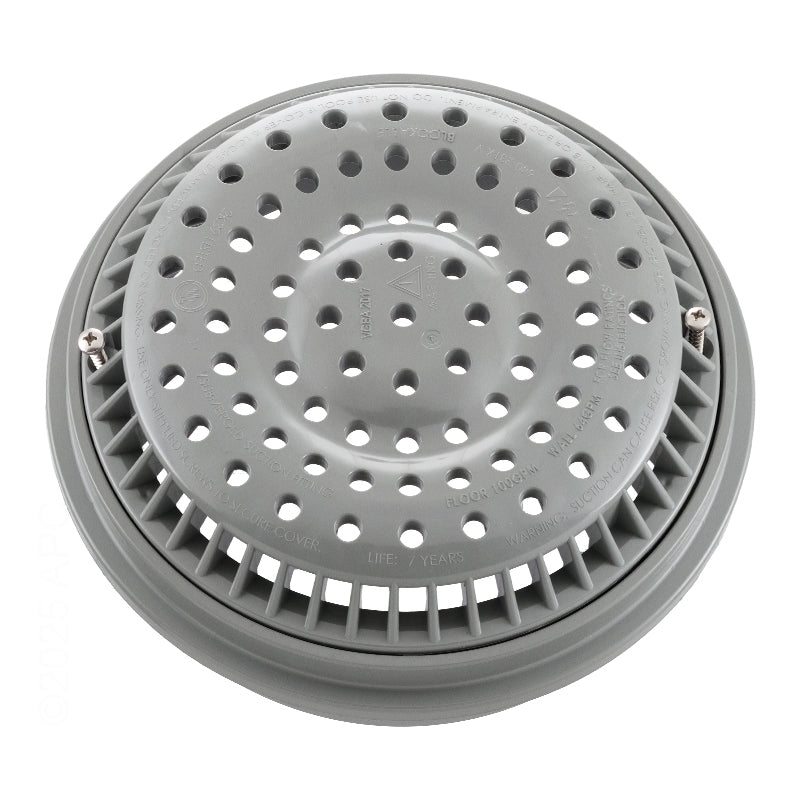 Main Drain Grate, WW Anti Vortex, 8" Rnd, w/Long Collar, Gry