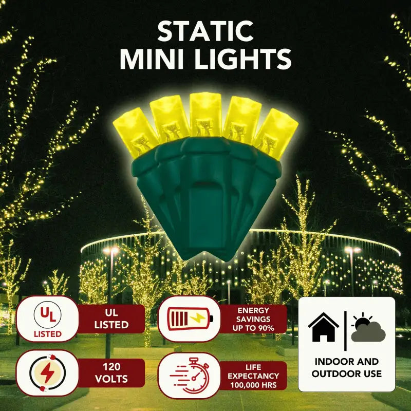 LED Mini Lights 5MM Yellow Static Green Wire - 6" Spacing