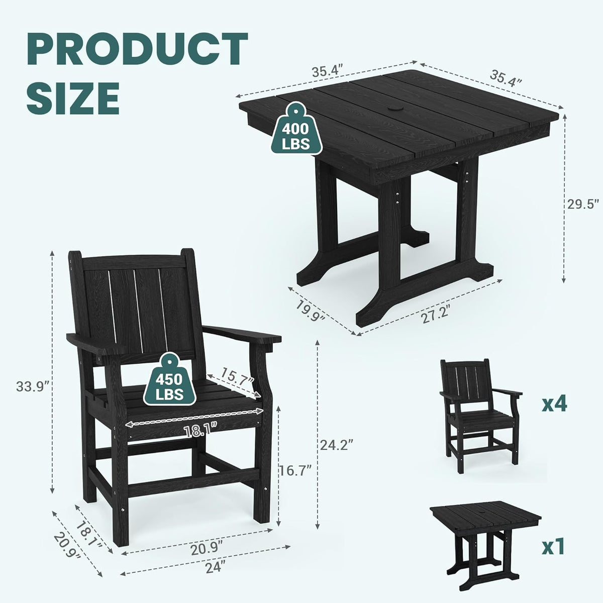 Pamapic HDPE Outdoor Dining Table and Chairs with Umbrella Hole