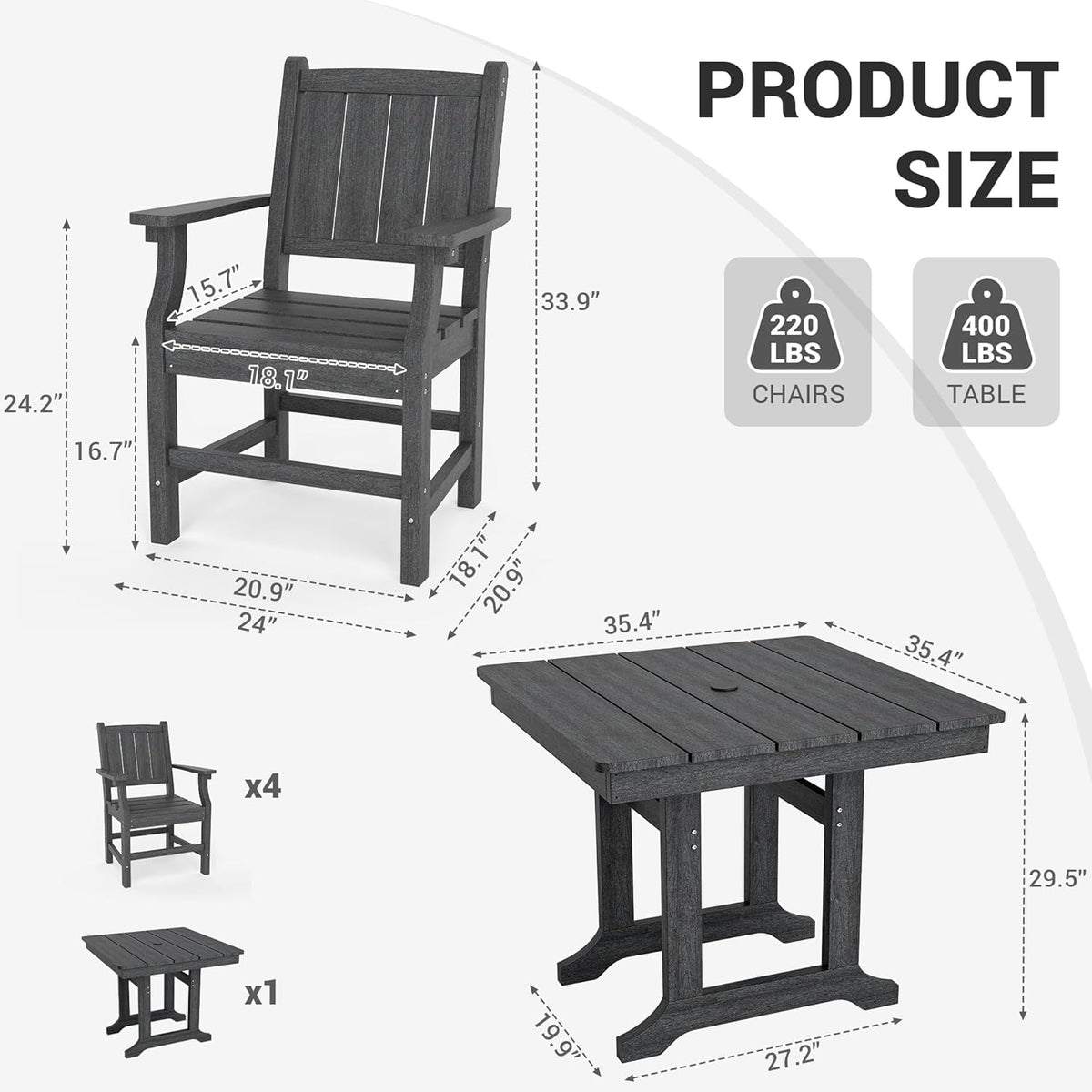 Pamapic HDPE Outdoor Dining Table and Chairs with Umbrella Hole