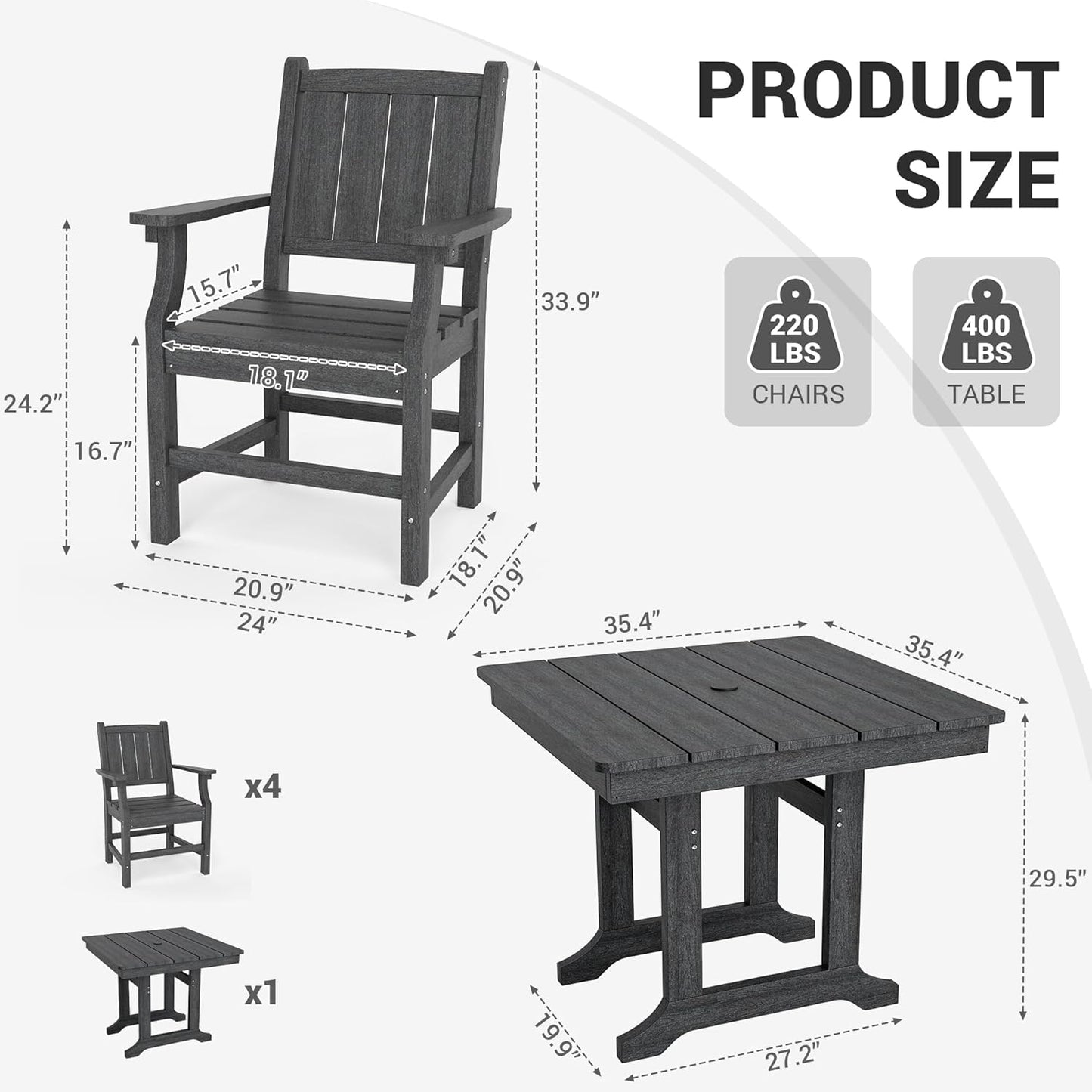 Pamapic HDPE Outdoor Dining Table and Chairs with Umbrella Hole