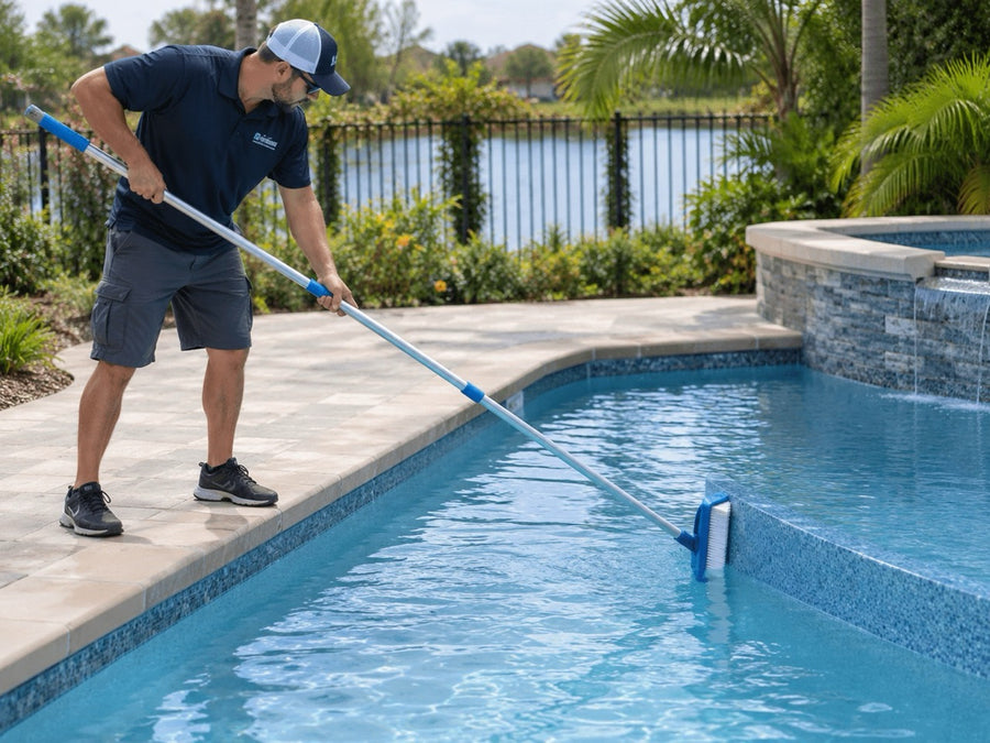 Man brushing the walls of a swimming pool with a telescopic pool brush