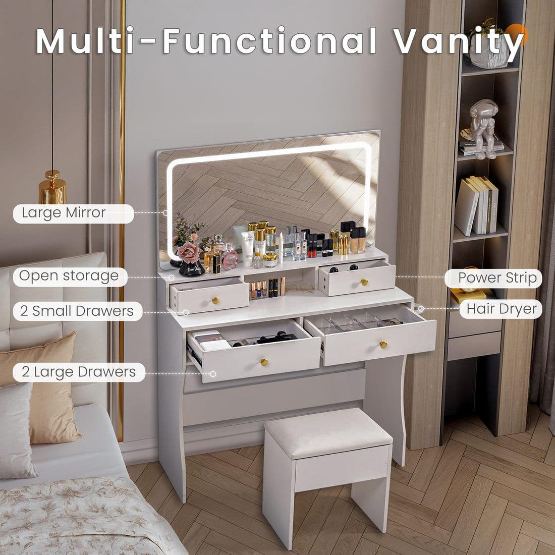 Pamapic 31.5" Vanity Desk with Hidden Storage Stool & 4 Drawers