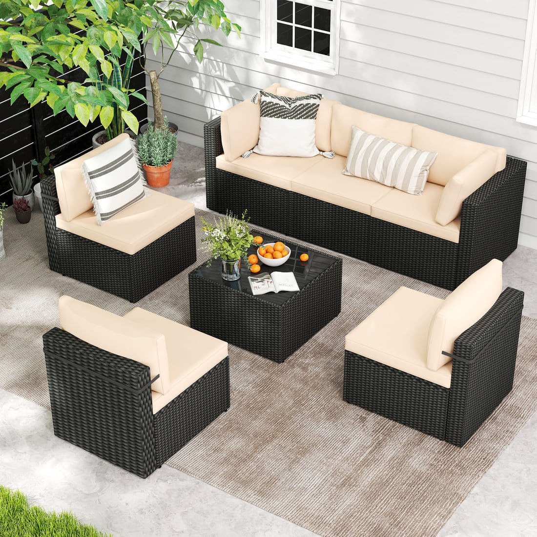 Pamapic 7-Piece Rattan Outdoor Sectional Sofa Set for Poolside, Backyard, Deck