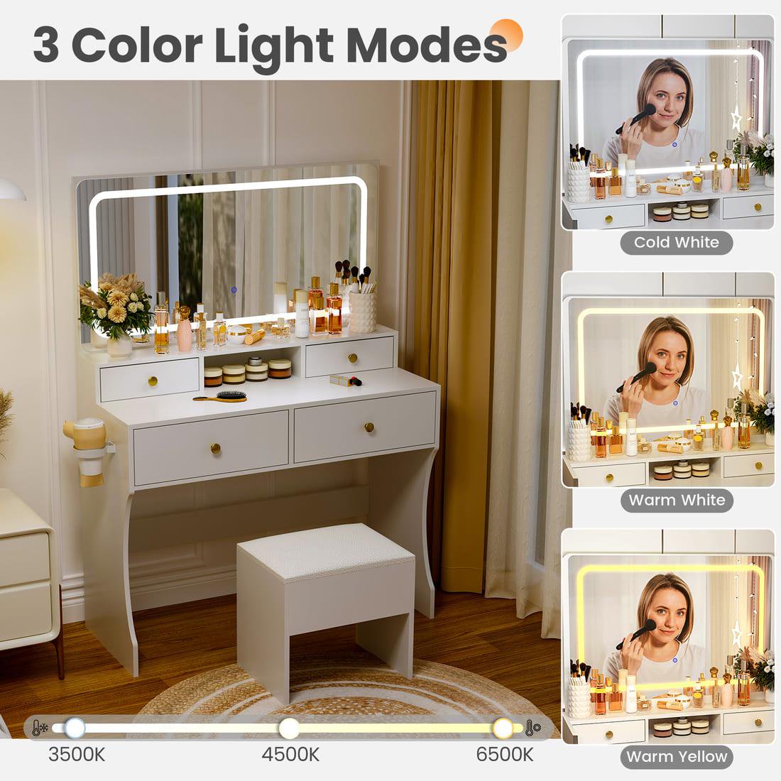Pamapic 31.5" Vanity Desk with Hidden Storage Stool & 4 Drawers