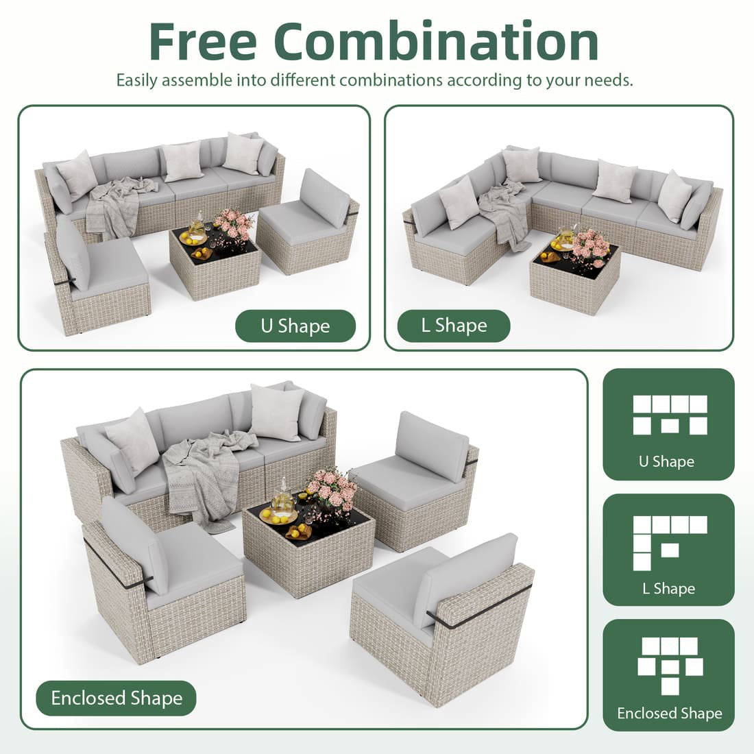 Pamapic 7-Piece Rattan Outdoor Sectional Sofa Set for Poolside, Backyard, Deck