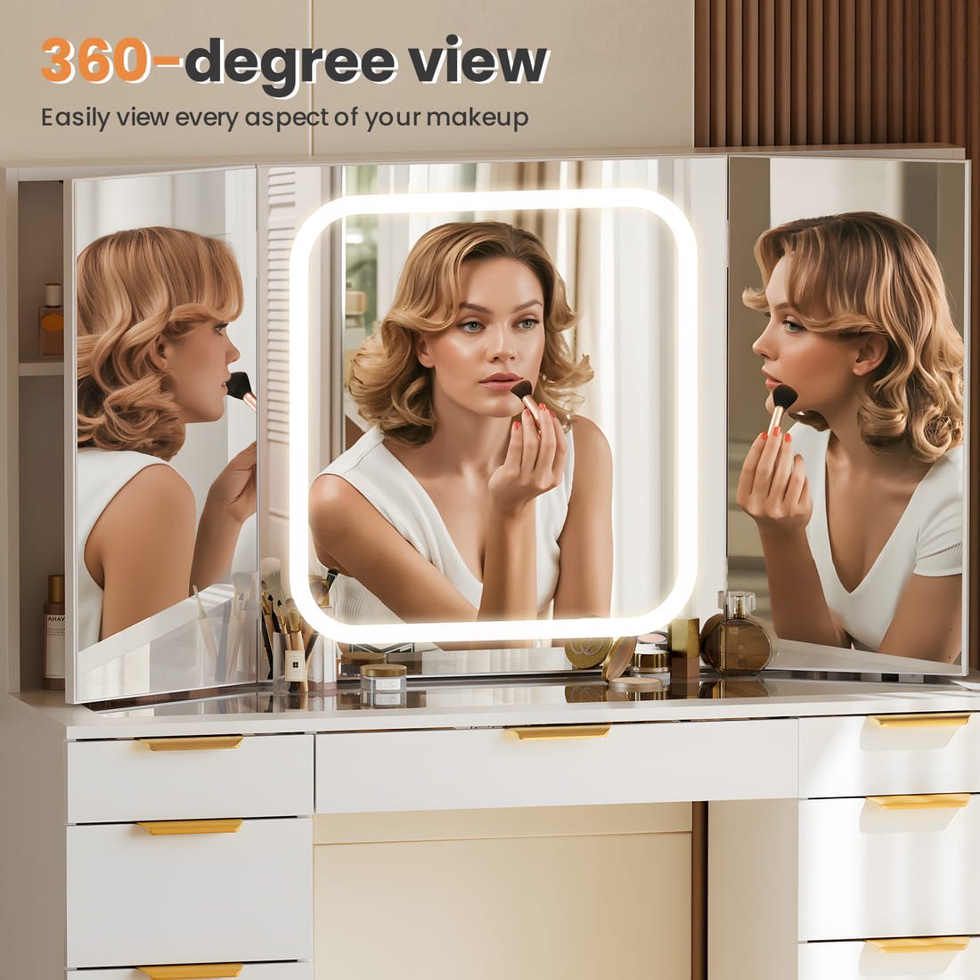 Pamapic Makeup Vanity with Tri-Fold Mirror & 11 Drawers
